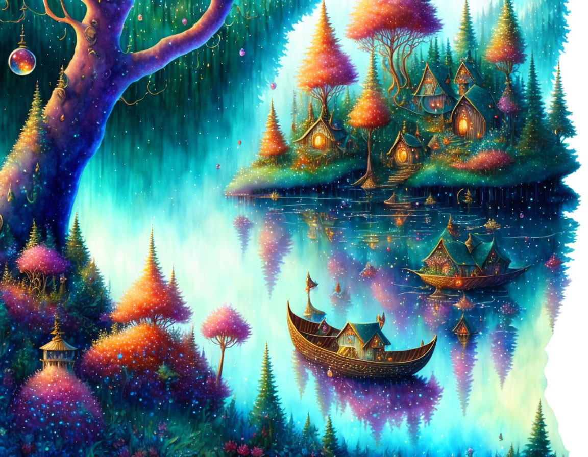 Colorful fantasy landscape with whimsical treehouses and glowing foliage