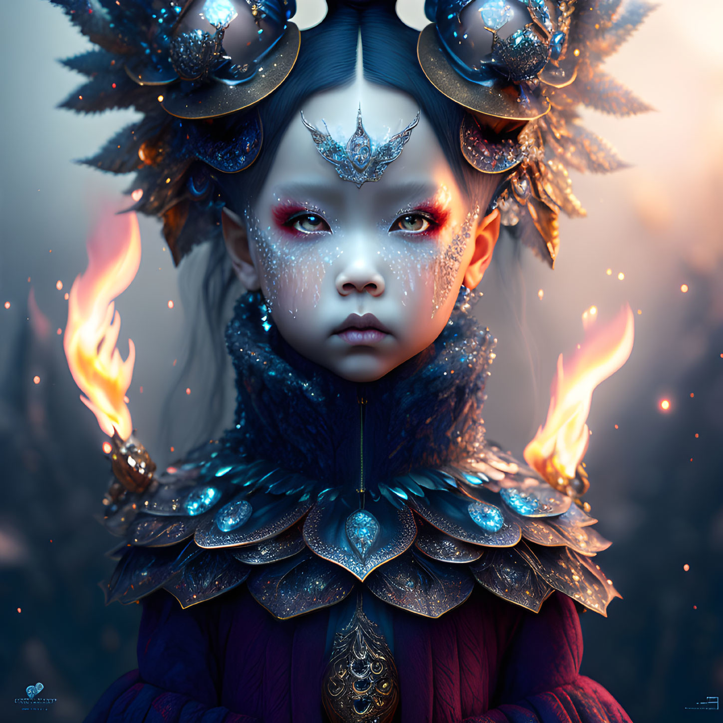 Digital portrait of child with blue and gold crown, red eyes, and flames.