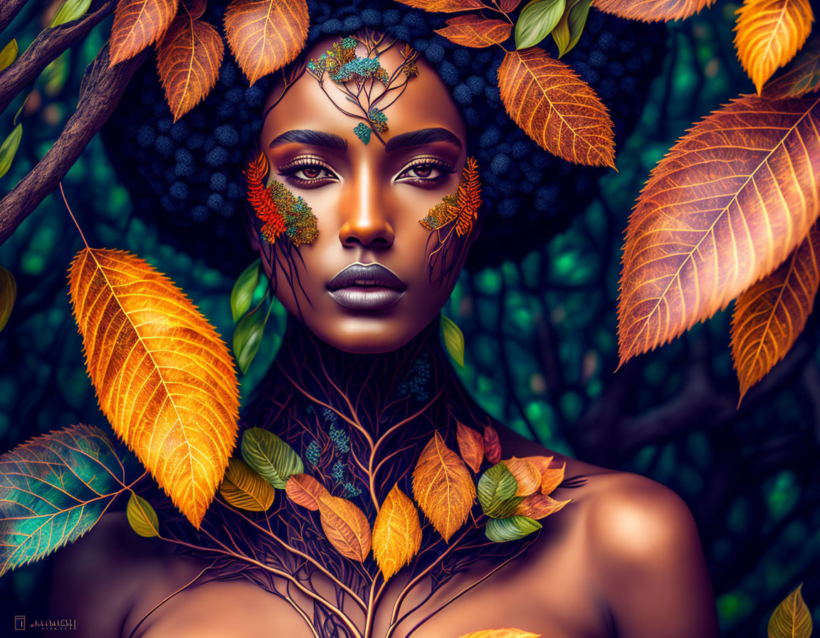 Vibrant digital artwork of a woman with autumnal theme and plant motif