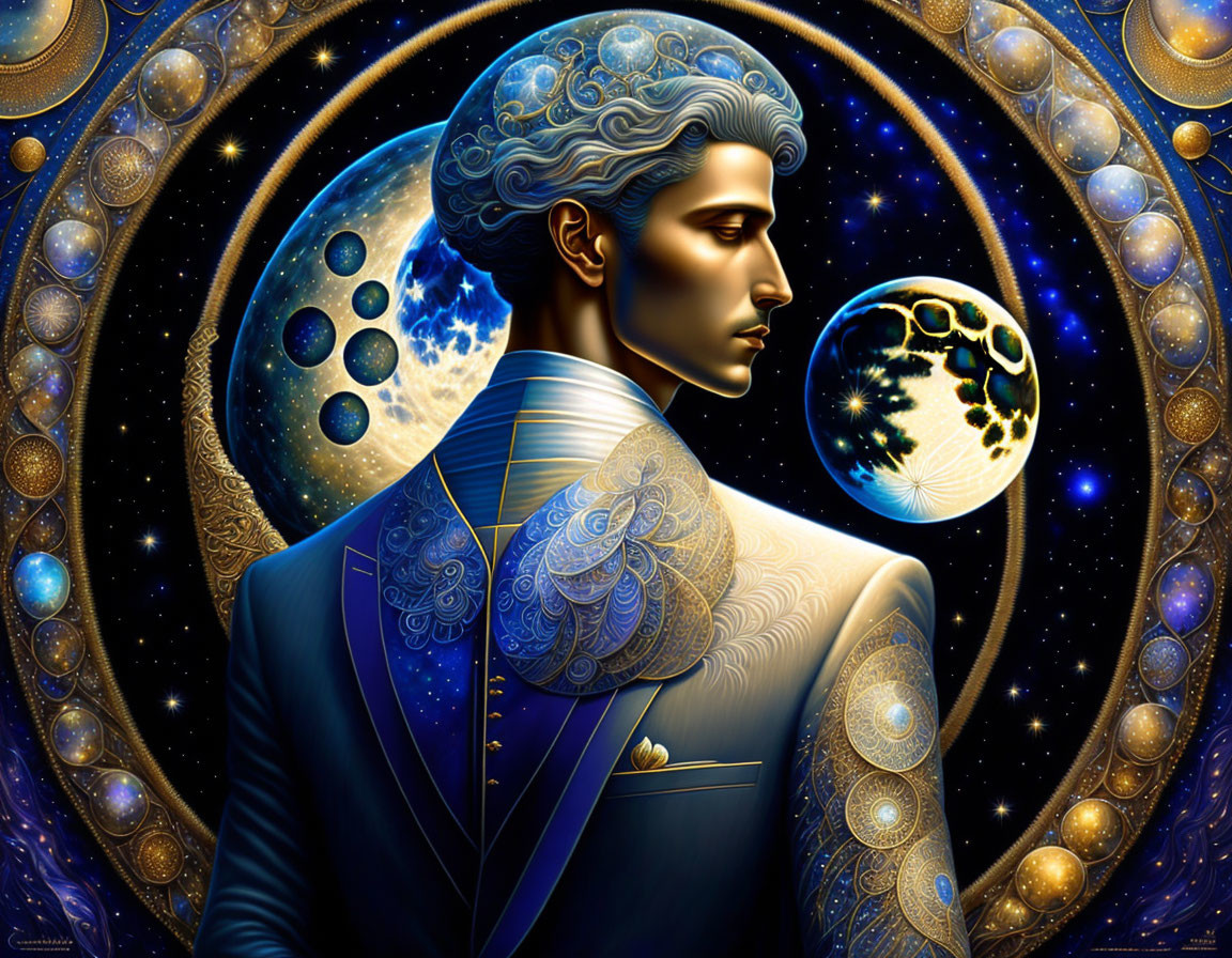 Stylized cosmic man with celestial bodies in blue and gold