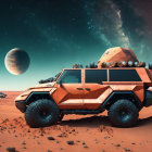 Futuristic orange rover on Mars-like terrain with space colony and ships