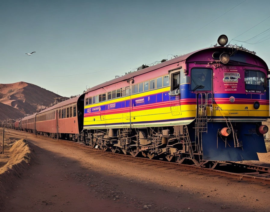 Colorful locomotive pulling passenger cars through serene landscape