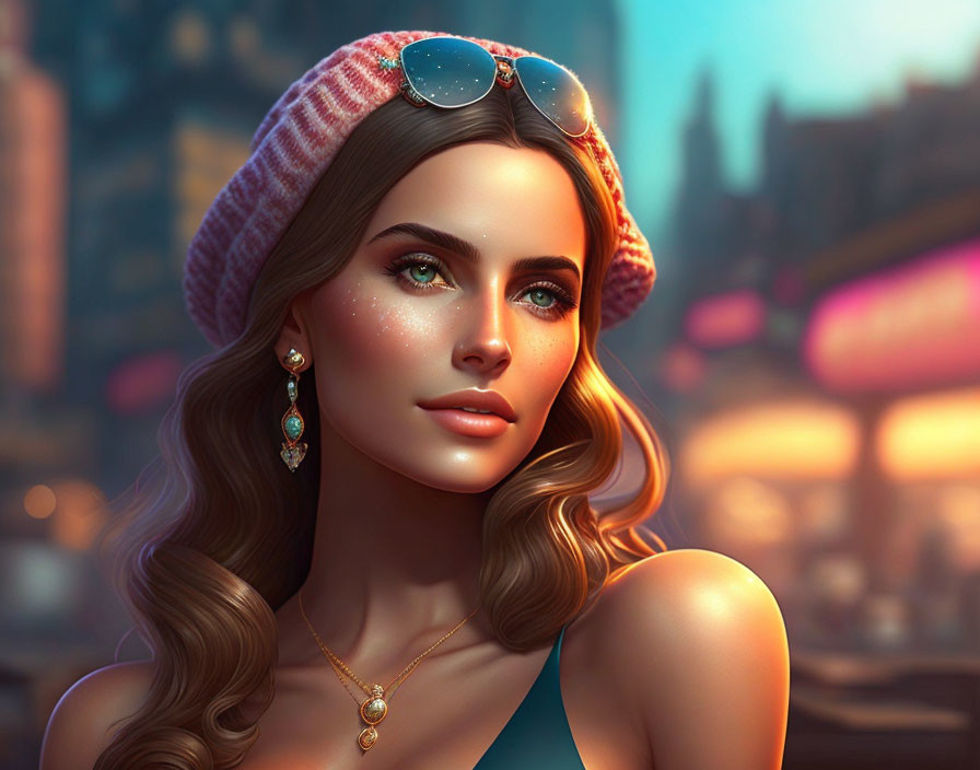 Young woman portrait with radiant skin, wavy hair, pink beanie, and sunglasses against cityscape