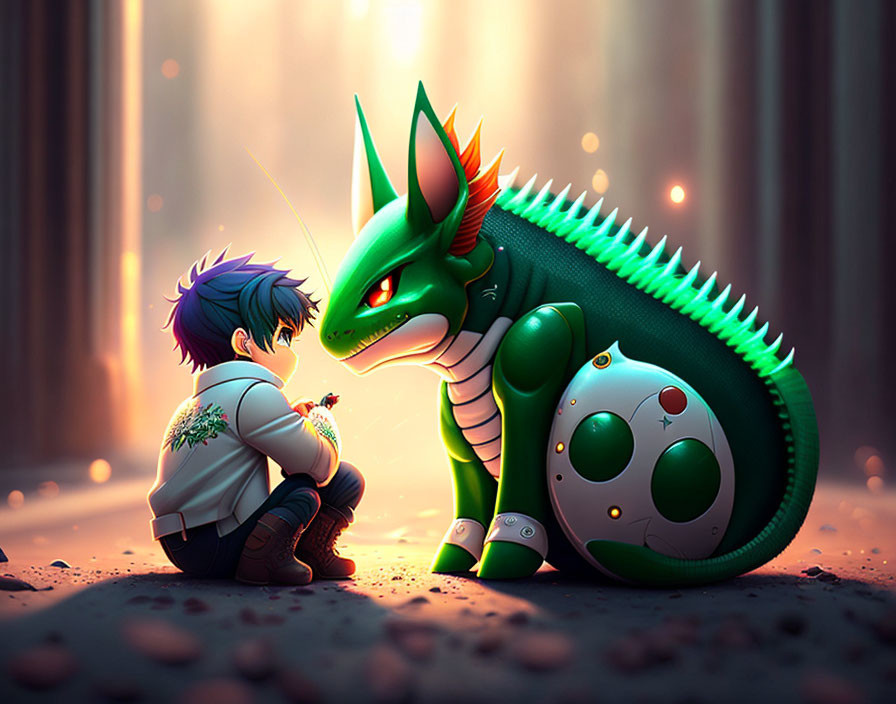 Blue-haired boy gives flower to friendly green dragon in mystical forest