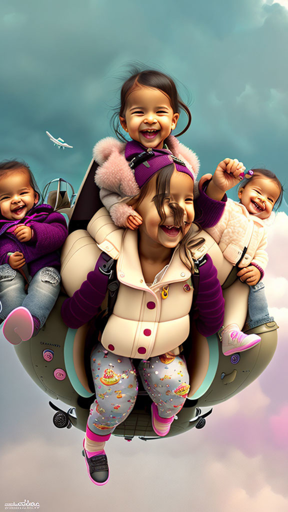 Three children laughing on floating luggage in the sky with clouds and plane.