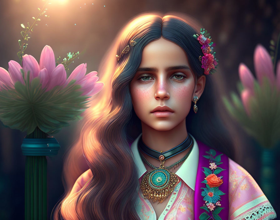 Digital artwork: Young woman adorned with flowers and jewelry in warm, mystical setting