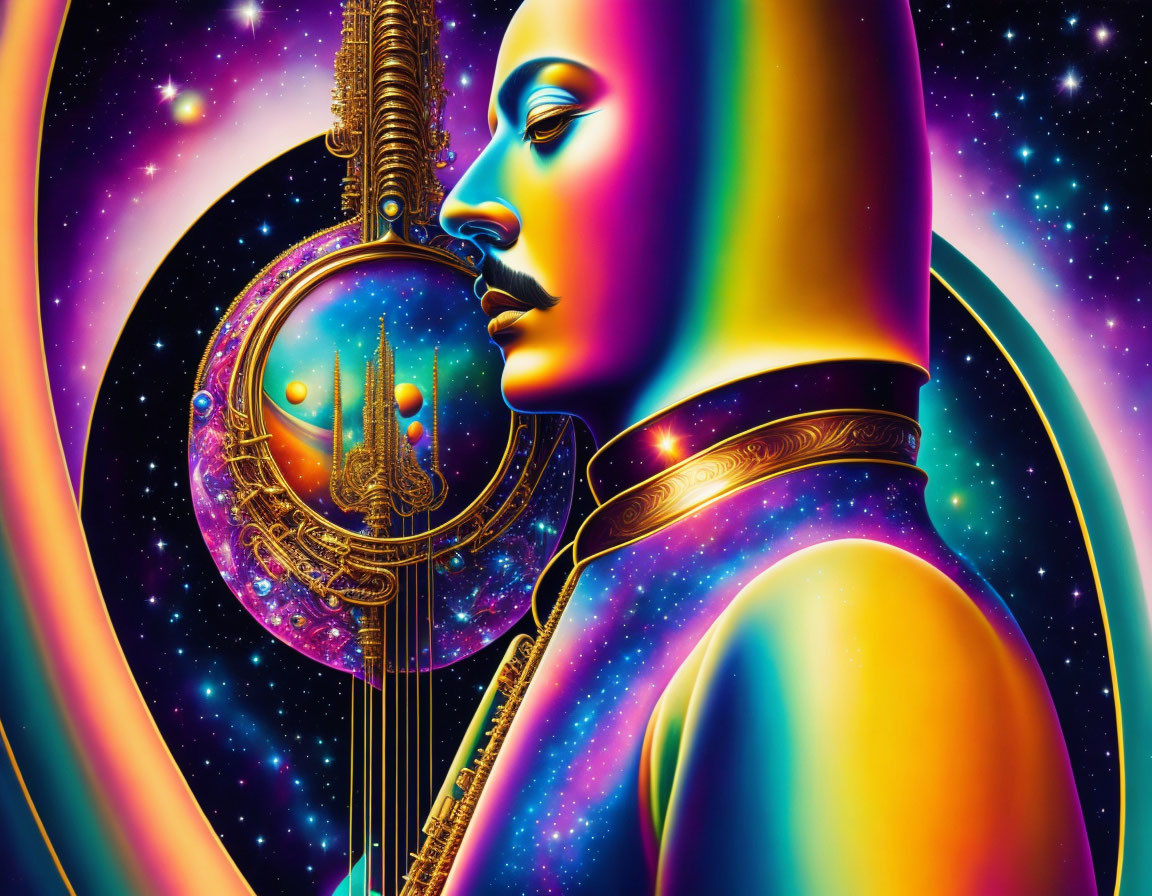 Colorful psychedelic human profile with cosmic elements