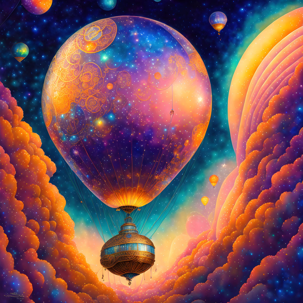 Colorful hot air balloon in fantastical digital artwork