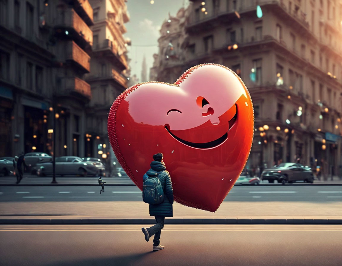 Person walking with giant heart balloon at sunset in urban setting