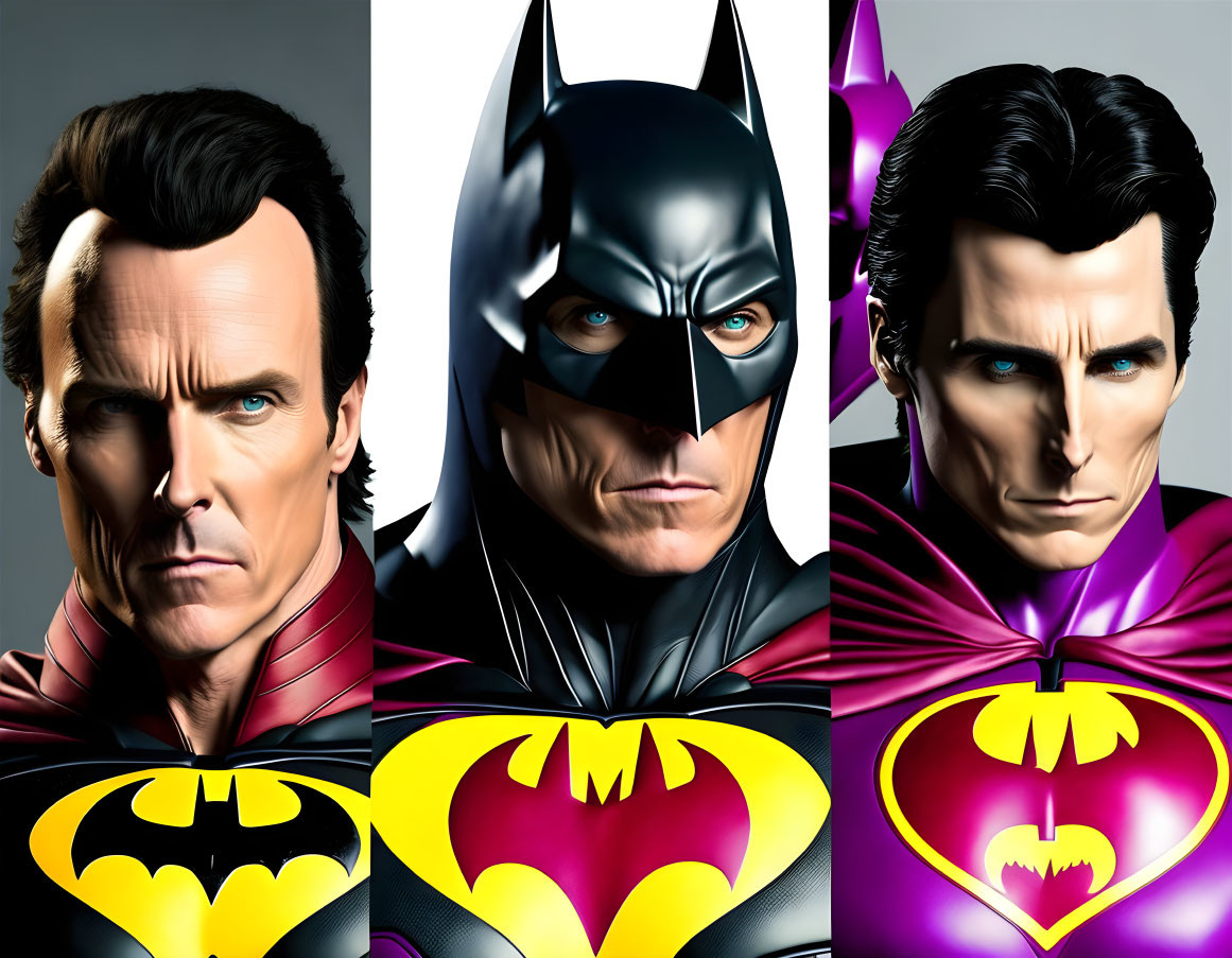 Stylized Batman and Superman portraits on emblematic backgrounds
