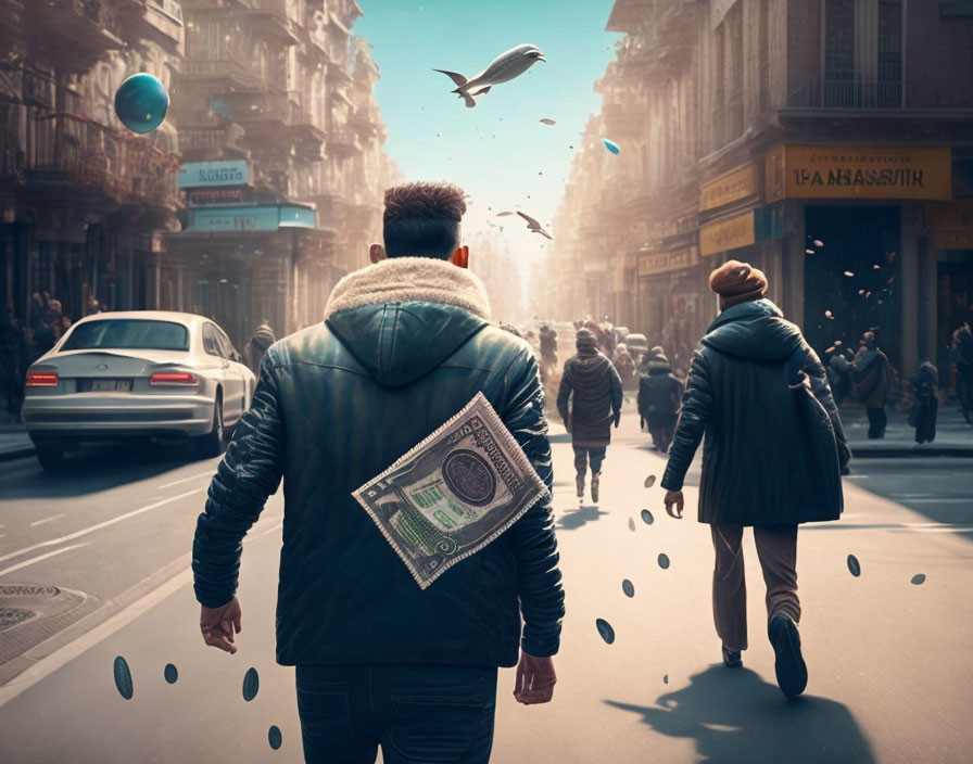 Man in Dollar Bill Jacket Walks Among Floating Coins and Woman in Surreal Setting
