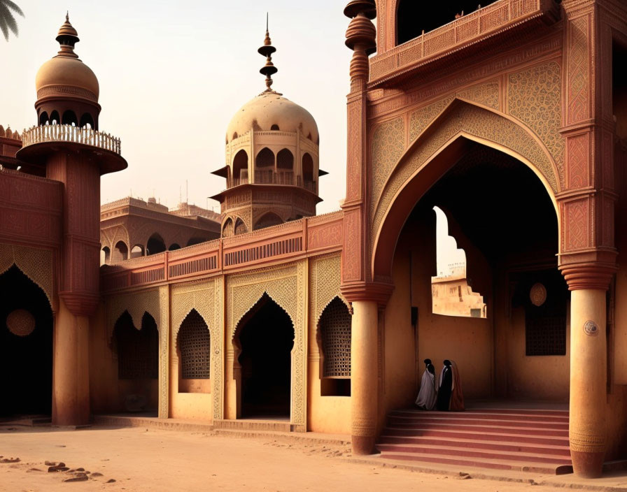 Traditional building with intricate archways and domes, people in cultural attire walking in sunlit courtyard