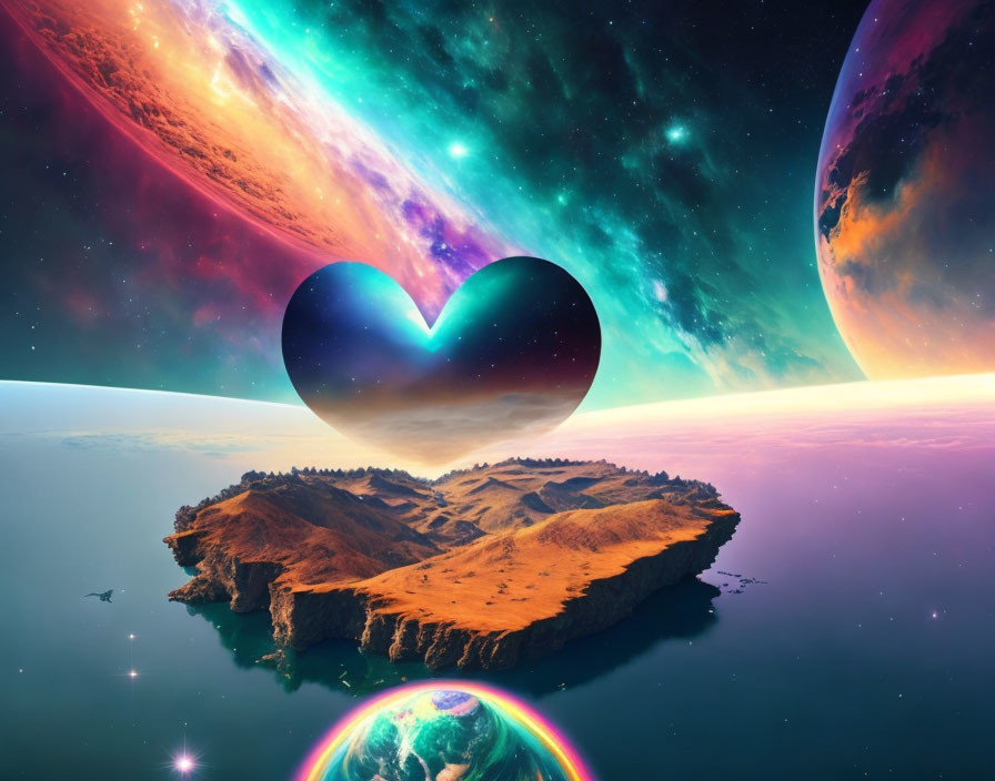 Heart-shaped object on floating island with cosmic backdrop