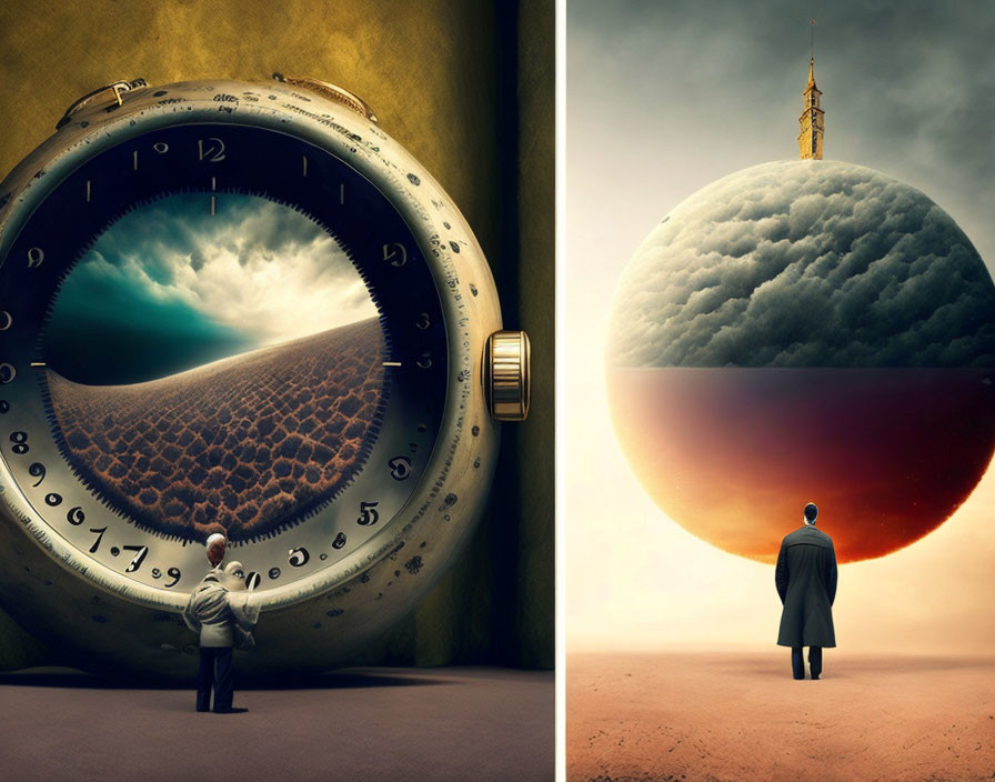 Two individuals interact with surreal landscapes on giant wristwatch and split sphere.