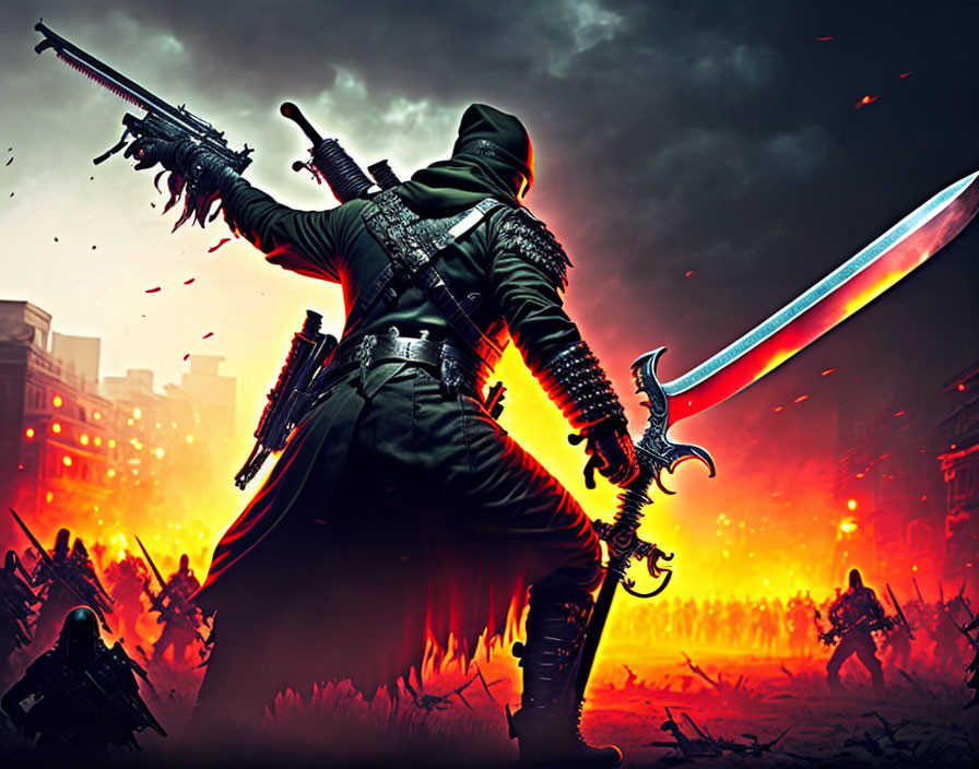 Cloaked Figure with Curved Sword on Dystopian Battlefield