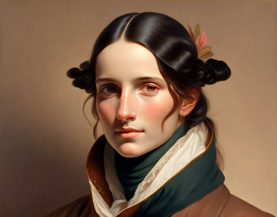 Young woman portrait with dark hair, leaf accessory, green scarf, and brown coat