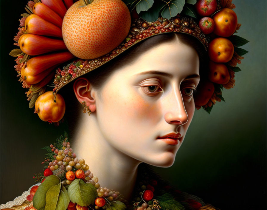 Classical portrait of woman with realistic fruit and foliage headpiece