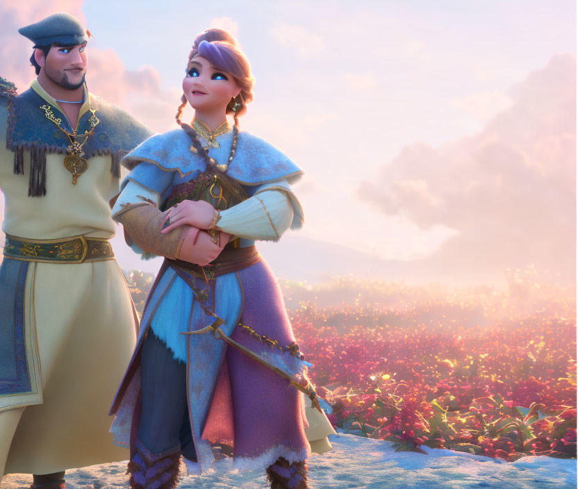 Animated characters in vibrant sunset field: female in blue, male in green and gold