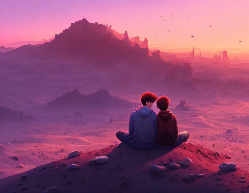 Two individuals on hill overlooking purple landscape with floating rocks and distant castle at sunset.