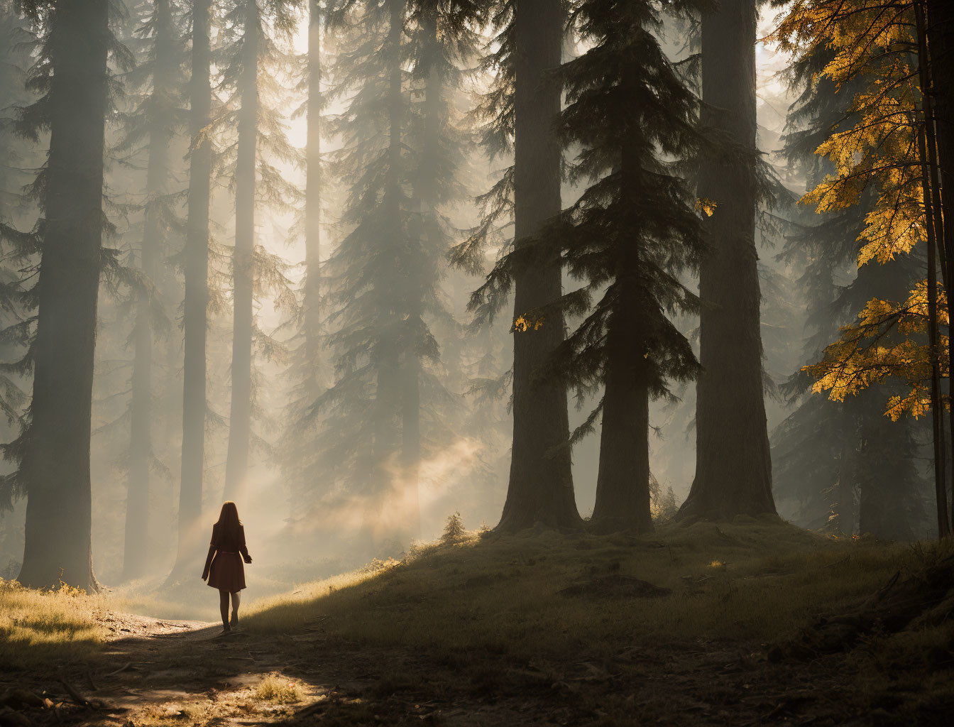 Person in red dress walking in sunlit forest with misty air