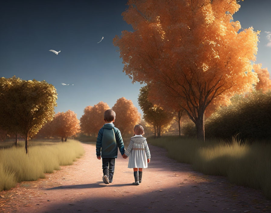 Children walking down autumn path lined with golden trees and birds flying overhead