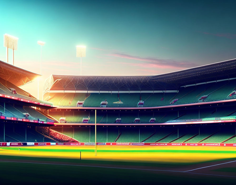 Empty Cricket Stadium at Sunset with Floodlights & Green Field