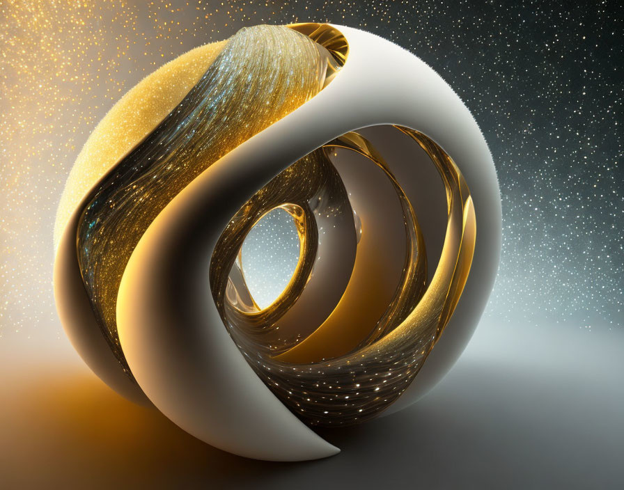 Abstract 3D White Mobius Strip with Golden Glitter on Dark Background