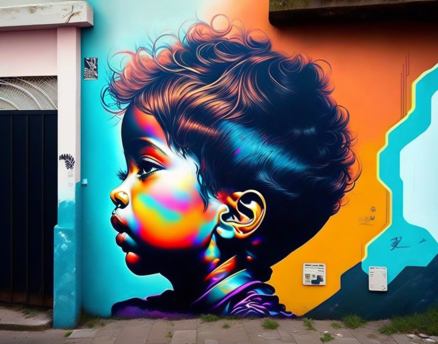 Vibrant child profile mural with vivid highlights and shadows
