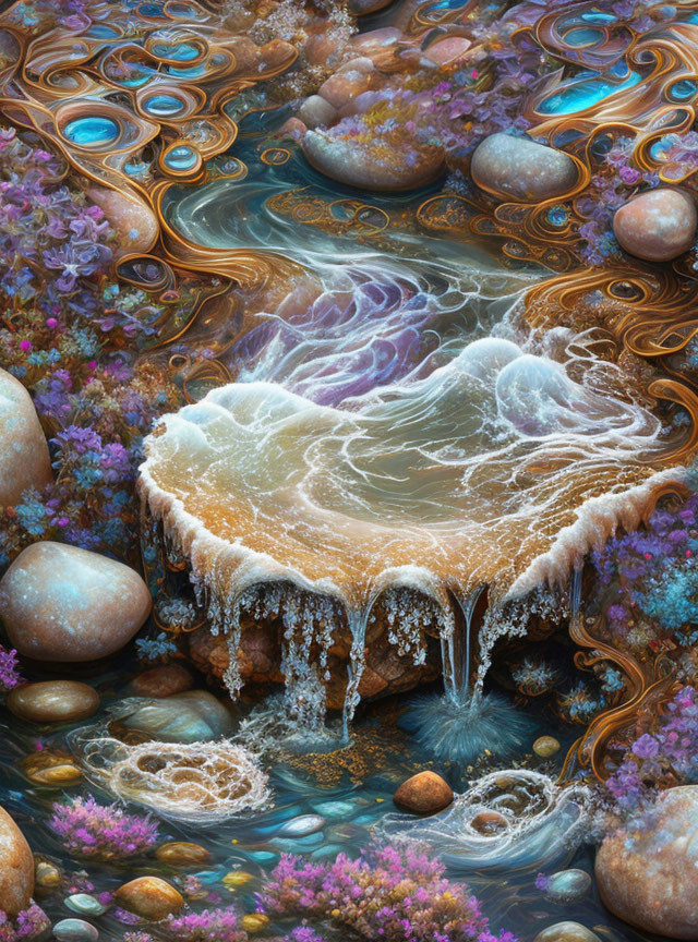 Vibrant alien flora and swirling patterns around cascading water.