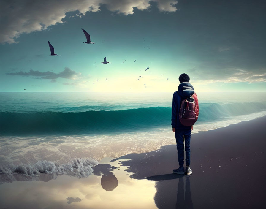 Backpacker on Beach Gazes at Surreal Vertical Ocean Horizon