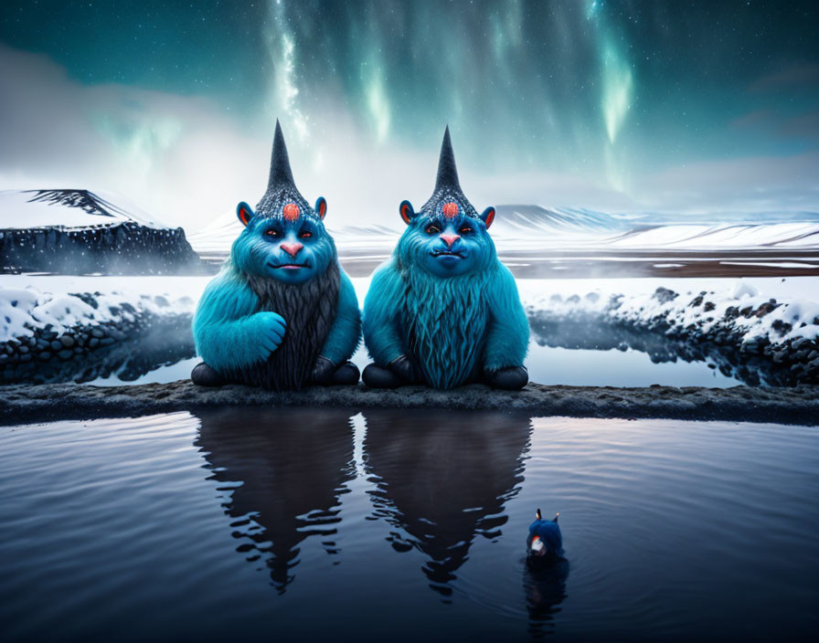 Blue furry creatures with pointed ears in nighttime aurora borealis scene