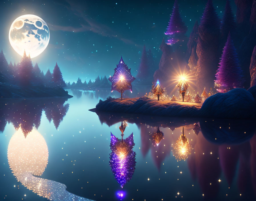 Tranquil Night Landscape with Christmas Trees and Moonlit Lake
