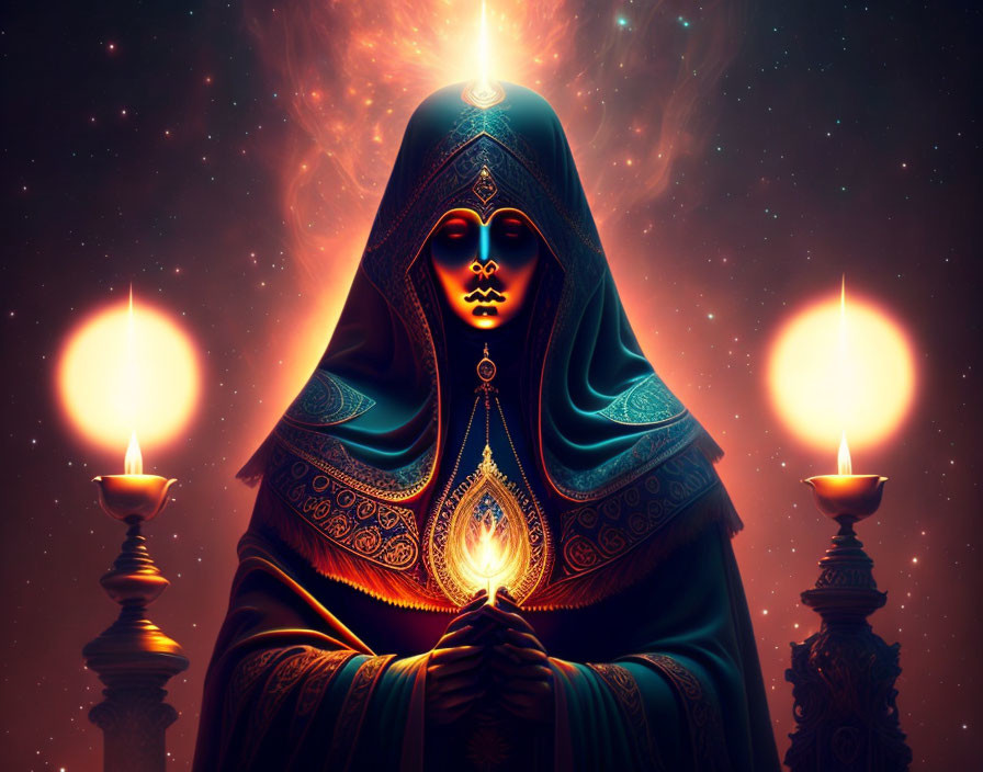 Blue Cloaked Figure Holding Ornate Relic with Cosmic Background