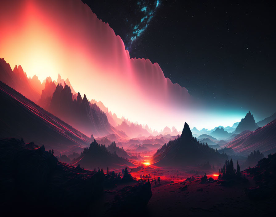 Majestic night sky over misty valley with jagged mountains