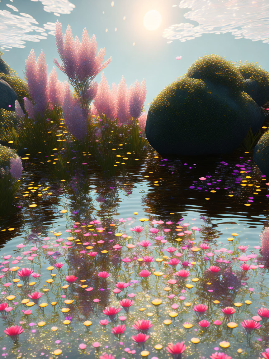 Tranquil water body with pink flowers, rocks, trees, and sunny sky