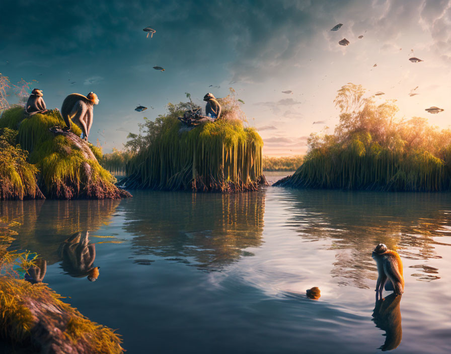 Monkeys on Grass-Covered Islands at Sunrise/Sunset with Birds Flying