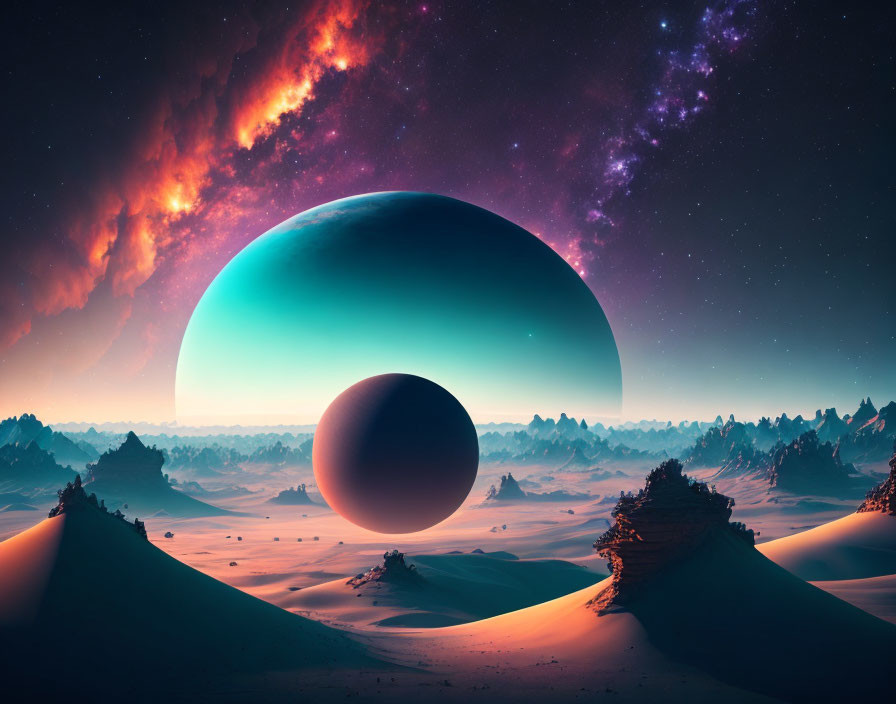 Fantastical desert landscape with celestial bodies and fiery nebula