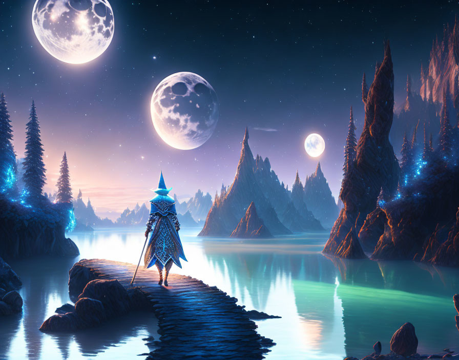 Mystical landscape with cloaked figure, glowing waters, and moons