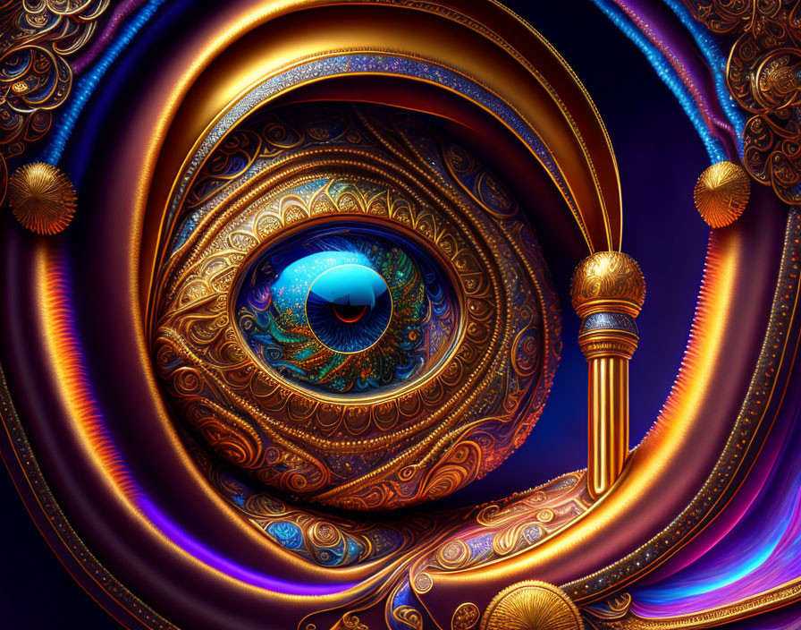 Colorful surreal digital artwork of eye-like structure with golden swirls on blue background