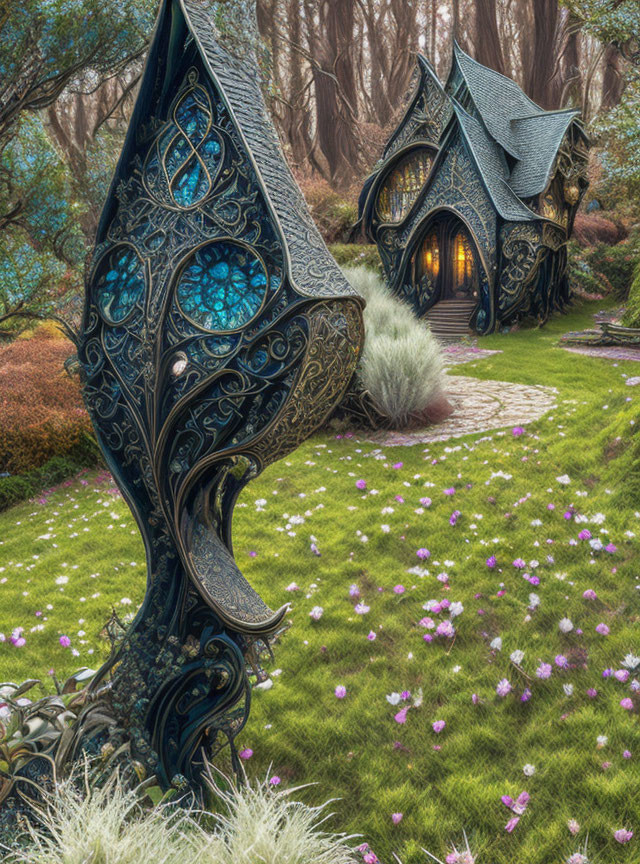 Intricate black metallic sculpture outside whimsical cottage amid lush garden