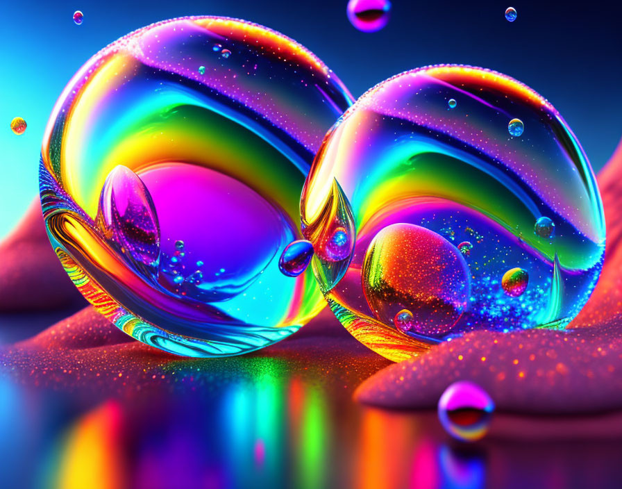 Colorful bubbles and droplets on shiny surface with reflections and refractions