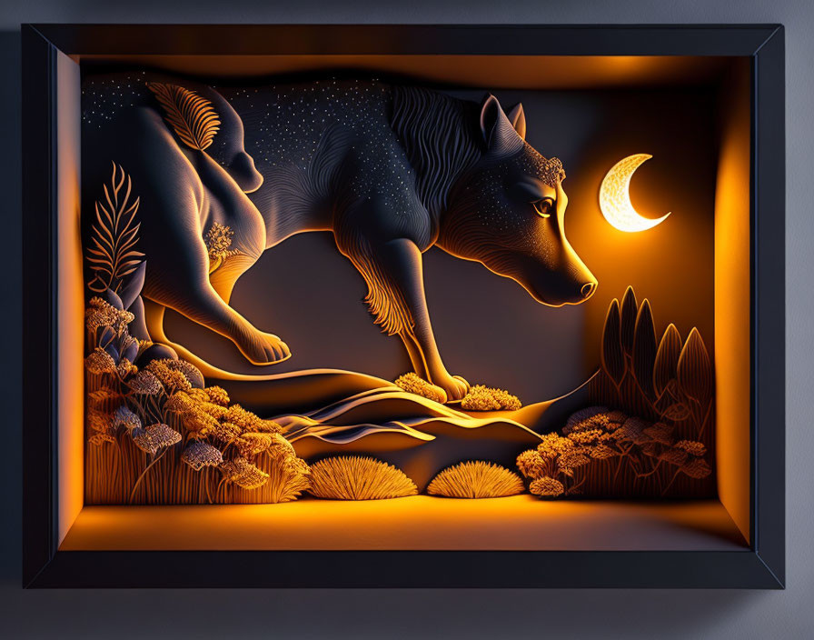 Framed 3D paper art of wolf in night landscape with moon in warm tones