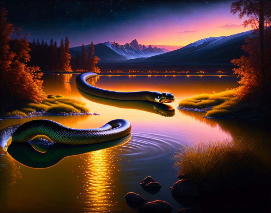 Fantasy Landscape with Giant Snakes by Tranquil Lake