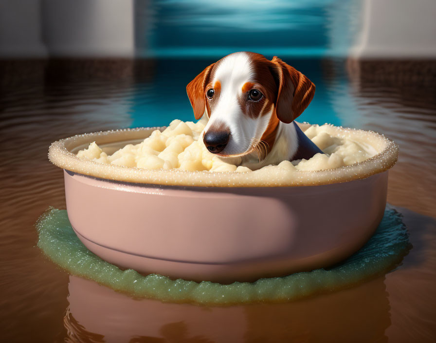 Brown and White Dog in Pink Bowl on Water with Mashed Potatoes