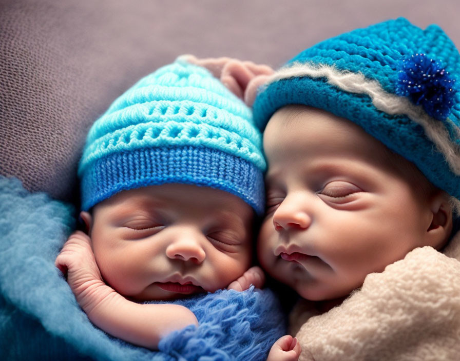 Newborn babies sleeping side by side in blue hats and blankets