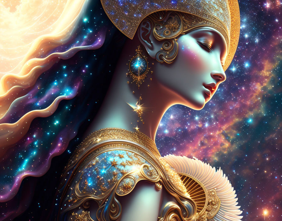 Stylized woman with cosmic features in golden headgear against space backdrop