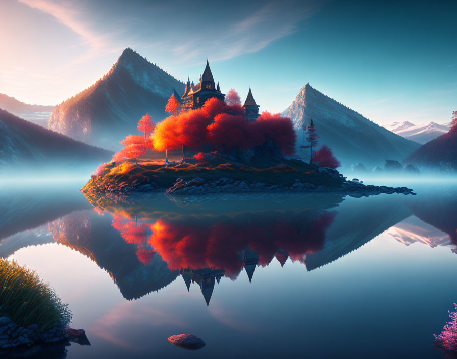 Fantasy landscape: Castle on island, red trees, calm waters, mountain backdrop at sunrise/sunset