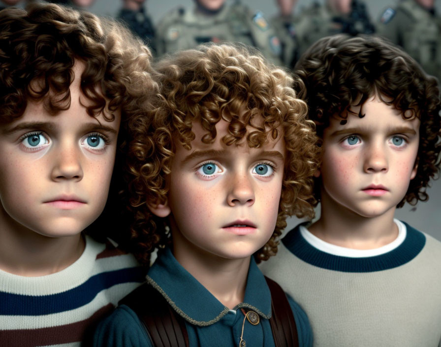 Three children in vintage military attire with curly hair and blue eyes.