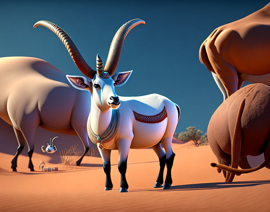 Stylized 3D Antelope with Exaggerated Horns in Desert Landscape