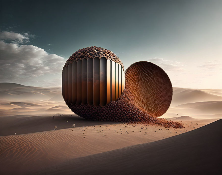 Surreal desert landscape with giant metallic sphere structure